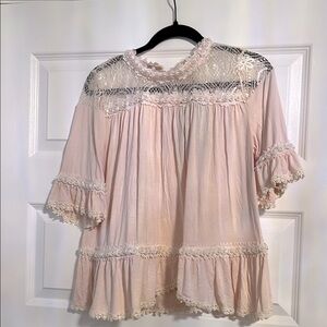 POL NWT Pink Ruffled Crochet Bib Collar Blouse with Pearls and Lace